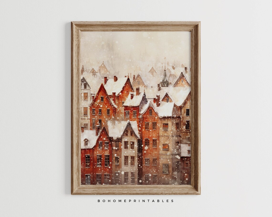 Snowy Red Rooftop Village Watercolor Winter European Christmas Poster