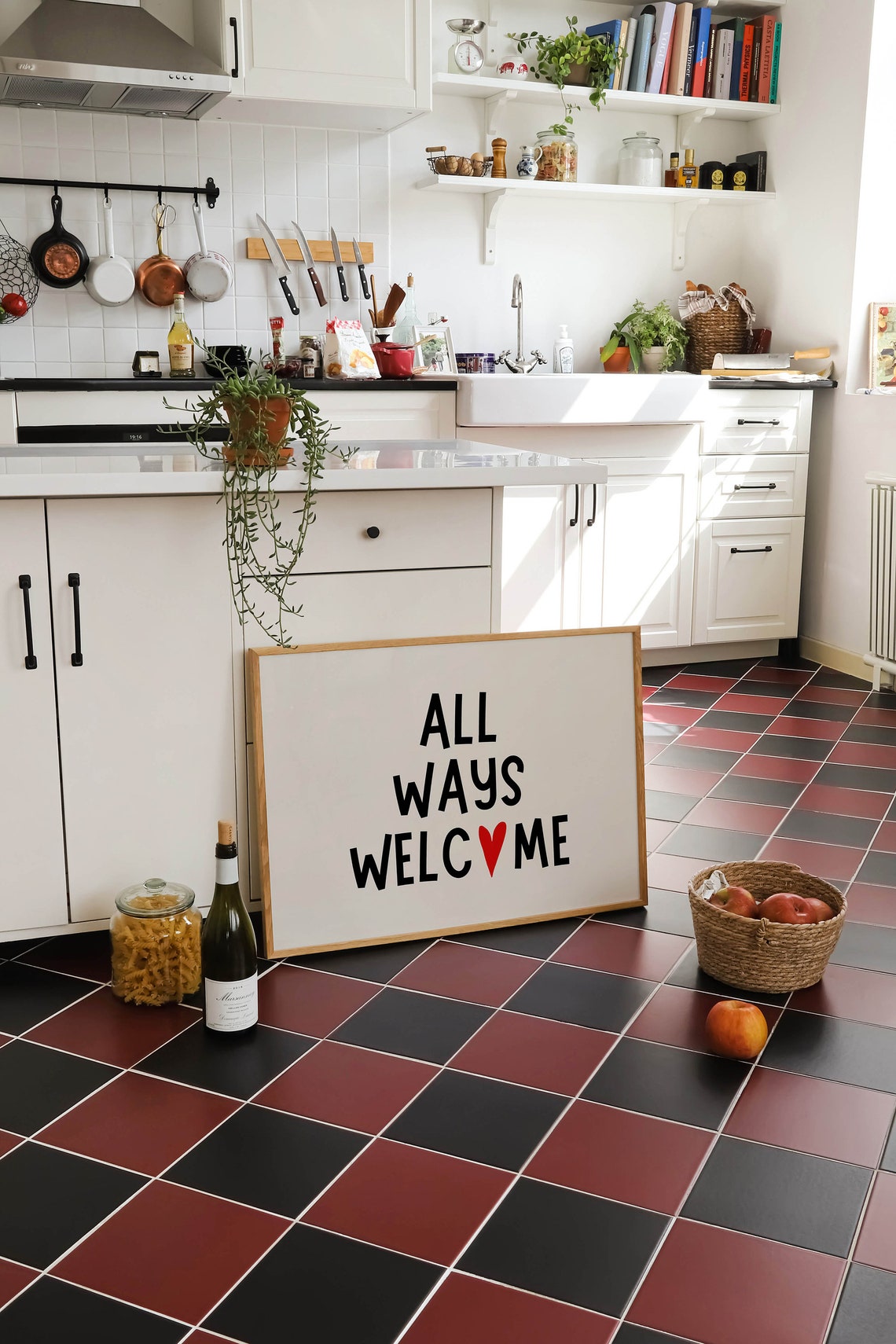 All Ways Welcome Bold Black Type Red Heart Accent Kitchen Poster - Image 2