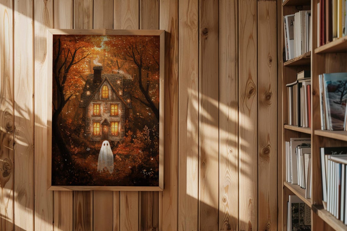 Cute Ghost Before a Glowing Stone Cottage in Autumn Woods Poster - Image 2