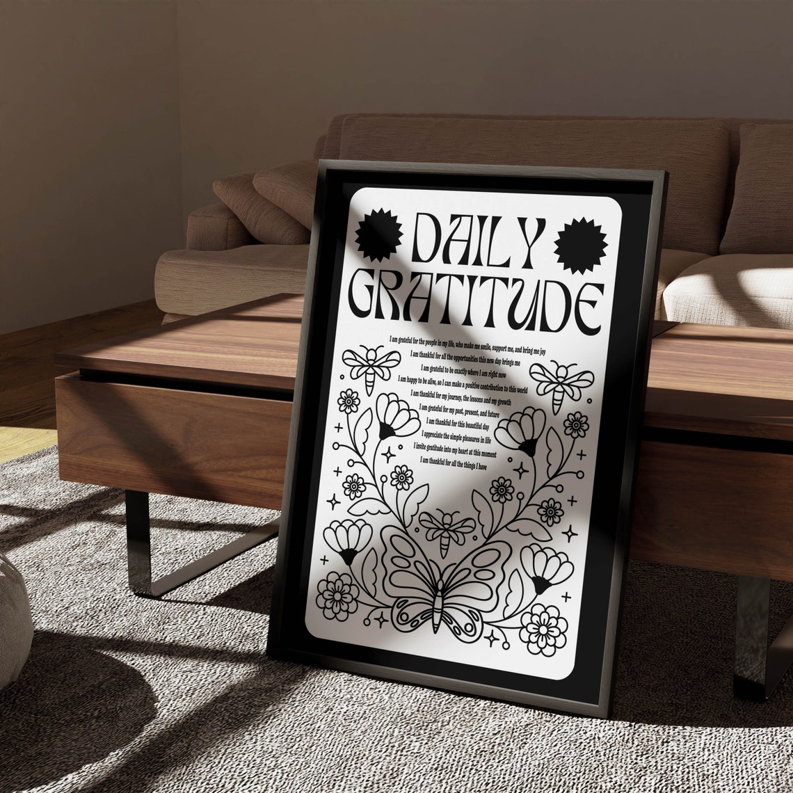 Daily Gratitude Affirmations Butterfly Botanical Black White Poster - Image 2