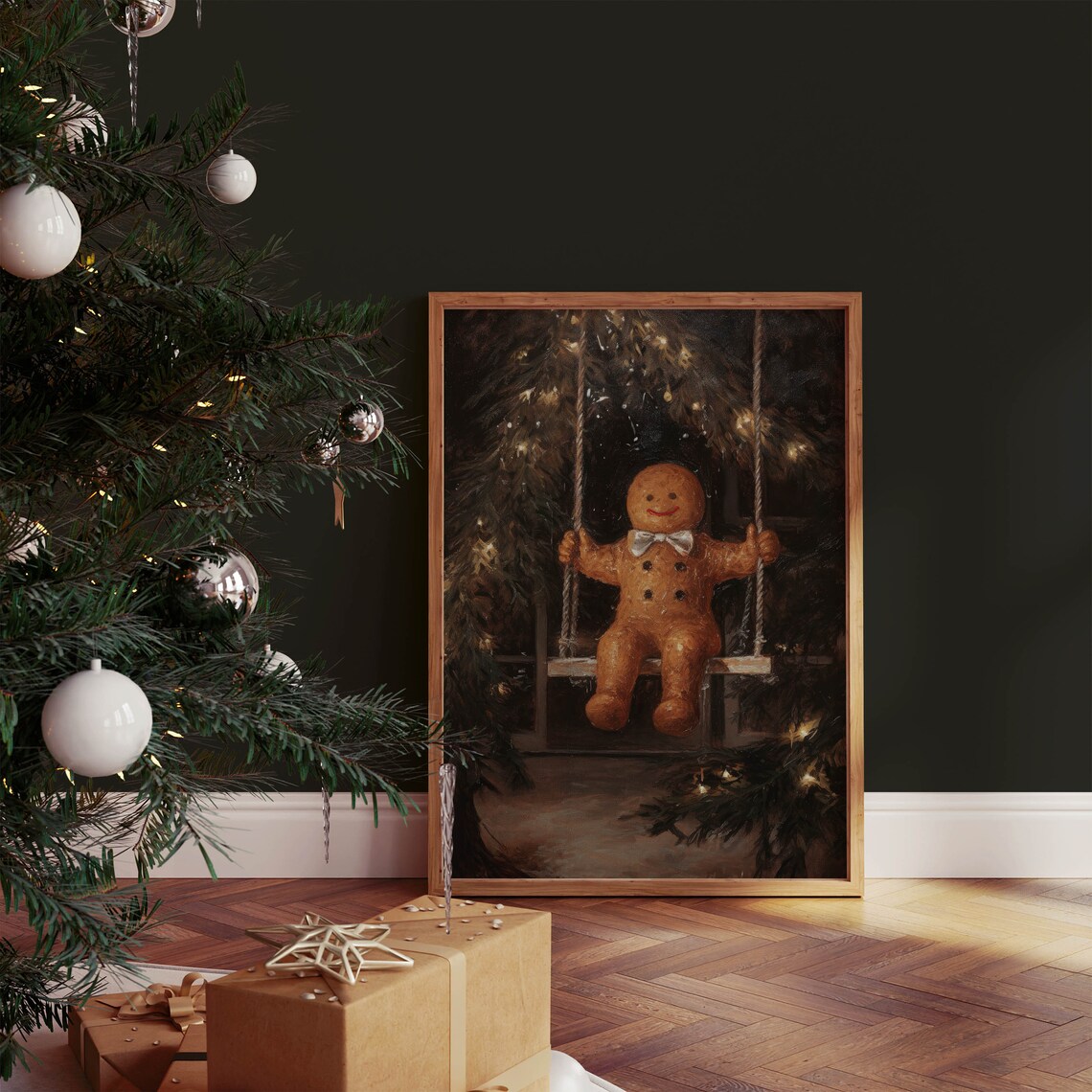 Gingerbread Man on a Swing in a Snowy Christmas Night Vintage Poster - Image 2