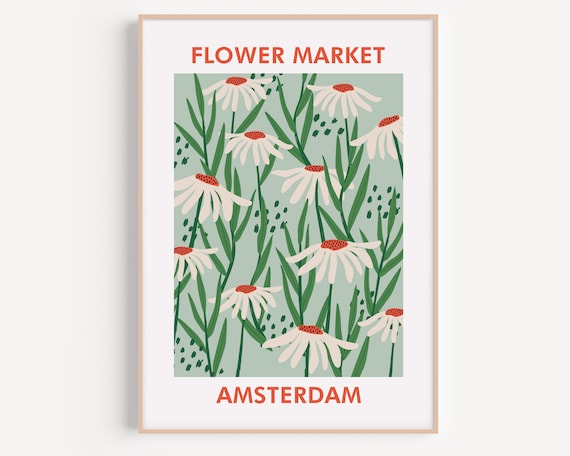 Amsterdam Flower Market White Daisy Sage Green Floral Poster