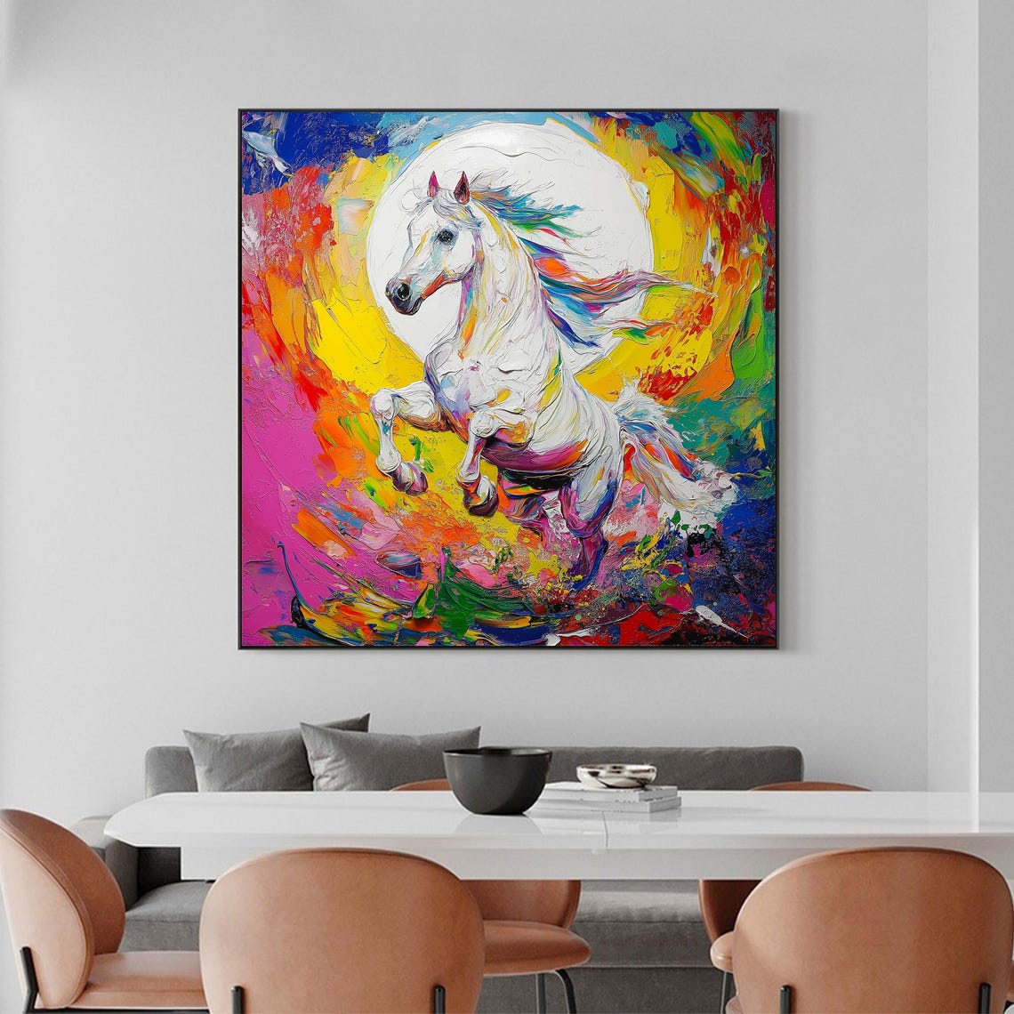 White Horse Rainbow Burst Moon Impasto Abstract Animal Art Poster - Image 4