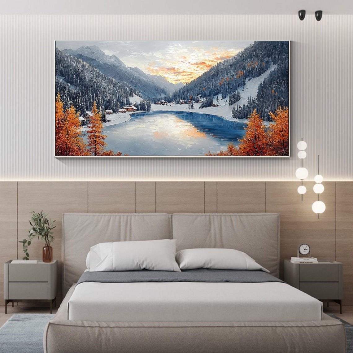 Alpine Lake Sunset Orange Larches Snow Village Impasto Art Poster - Image 2