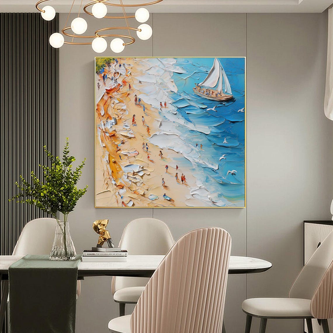 Aerial Beach Crowd Sailboat Turquoise Sea Impasto Coastal Art Poster - Image 4