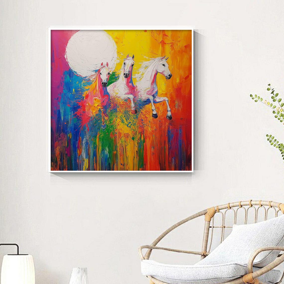 Three White Horses Galloping Rainbow Impasto Abstract Animal Poster - Image 5