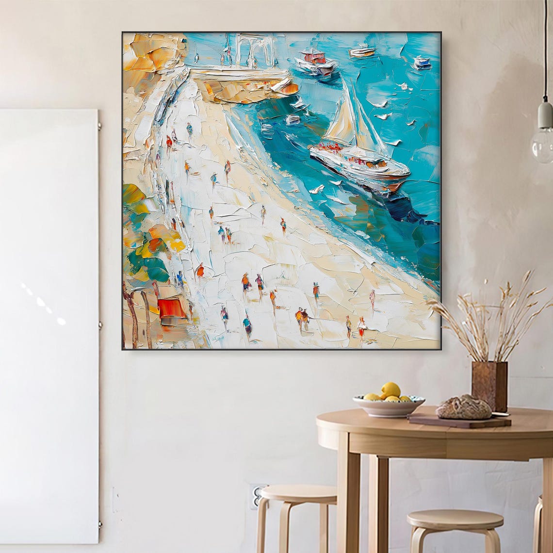 Mediterranean Coastal Town Sailboats Impasto Harbor Scene Art Poster - Image 3