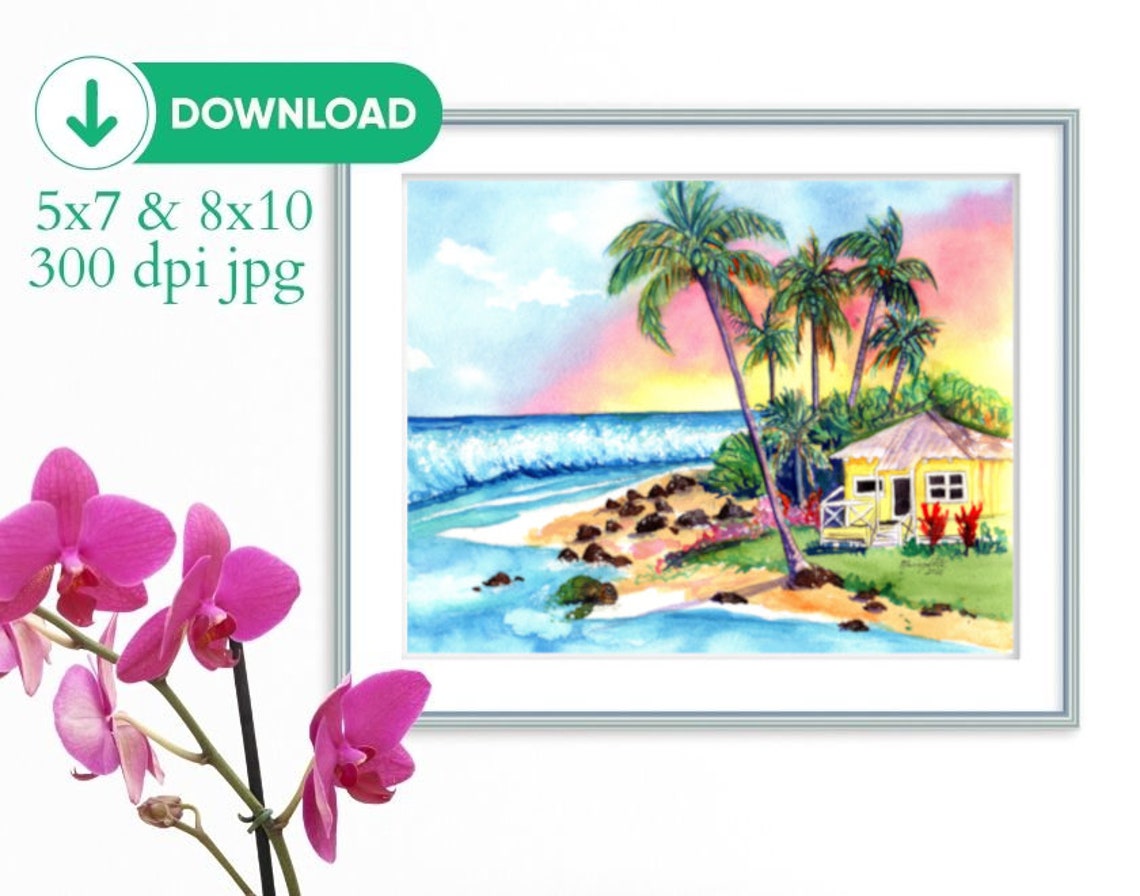 Hawaii Beach Cottage Sunset Palm Trees Ocean Waves Art Print Download