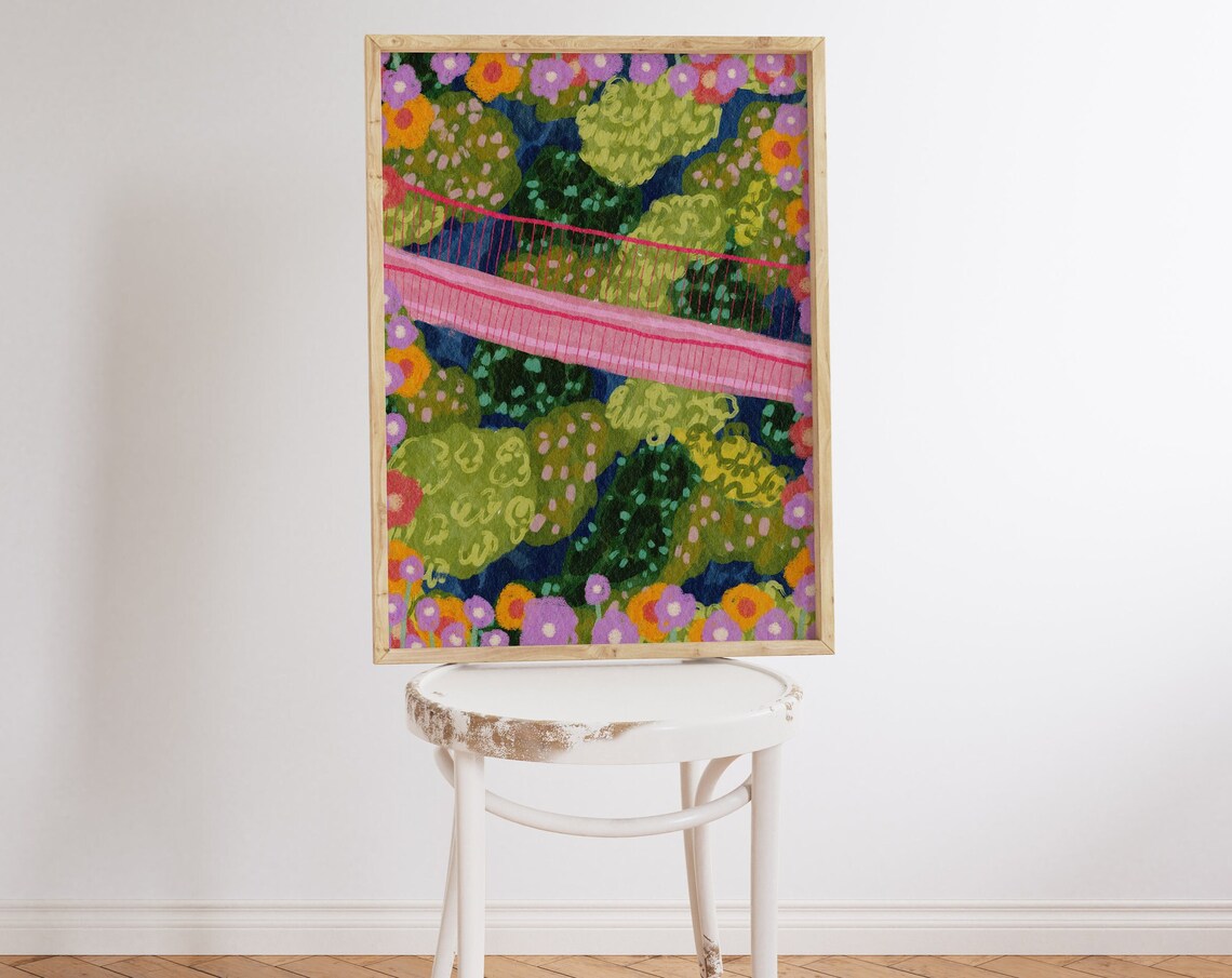 Pink Bridge Over Blue River Folk Art Flowers Naive Style Poster