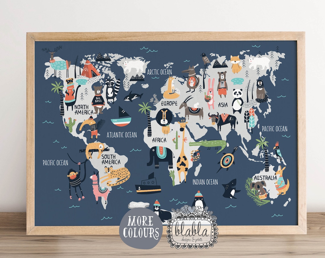 Cute Cartoon Animals Kids World Map Educational Nursery Poster Design - Image 2