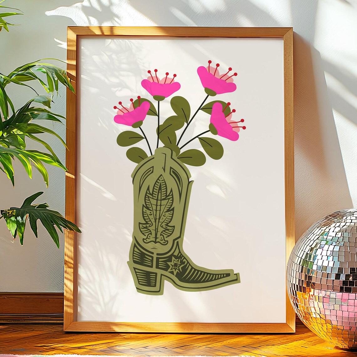 Cowboy Boot Pink Flowers Western Floral Sage Green Art Poster