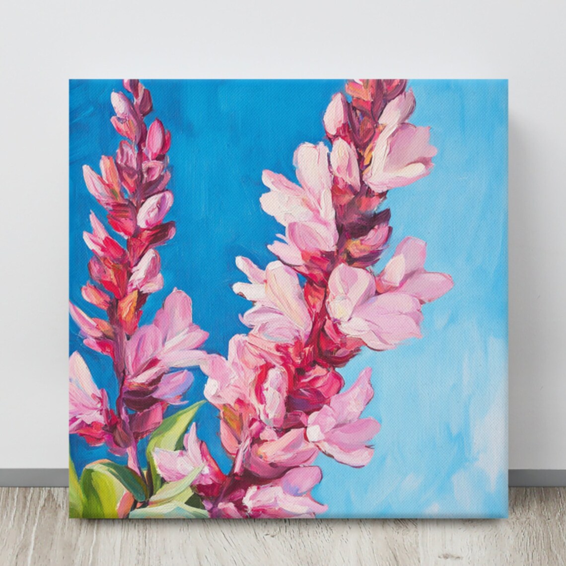 Pink Flower Spikes Blossom Painting Print On Bright Blue Poster