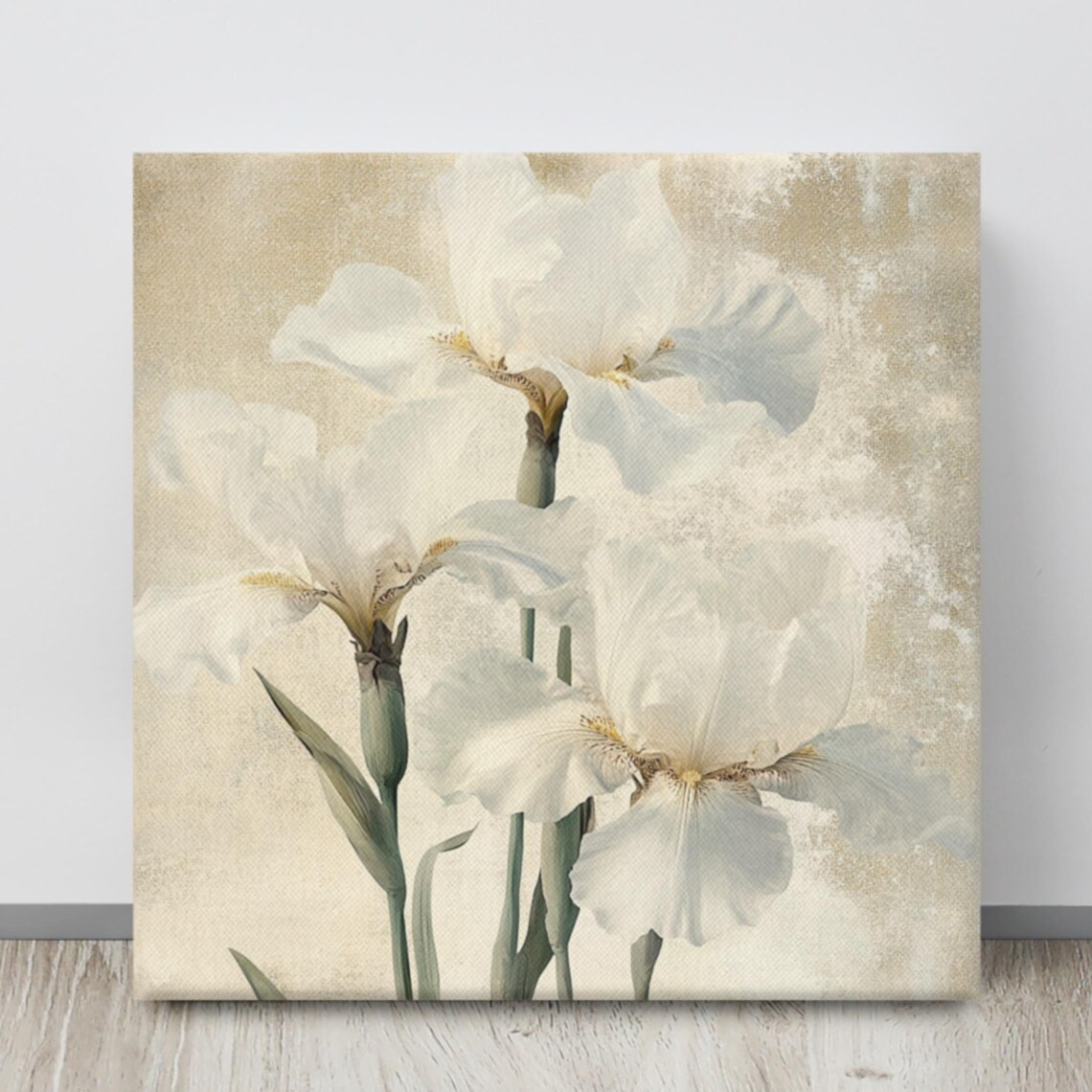 White Iris Blossoms Vintage Beige Background Botanical Art Poster