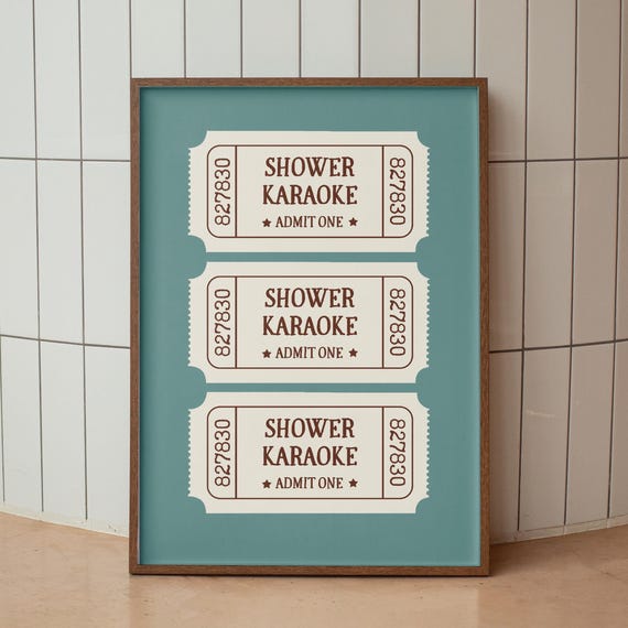 Shower Karaoke Ticket Print Bathroom Retro Pink Blue Singing Funny Wall Art Vintage Trendy Home Decor