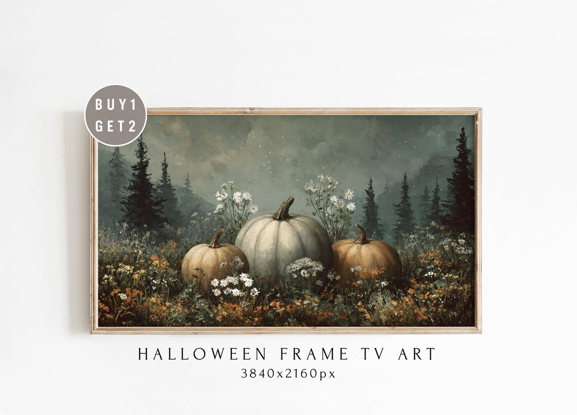 Pumpkins in a Moody Night Meadow Halloween Frame TV Art Poster