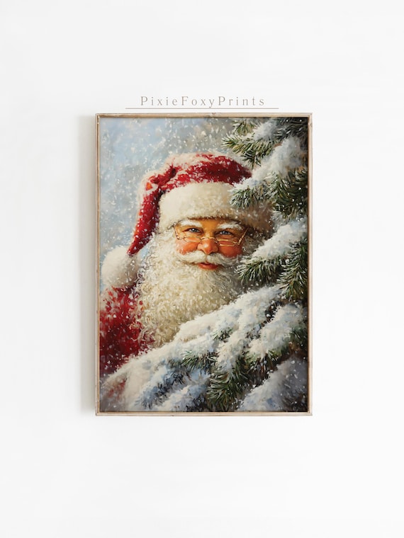 Vintage Santa Claus Snowy Pine Branches Cozy Christmas Painting Poster