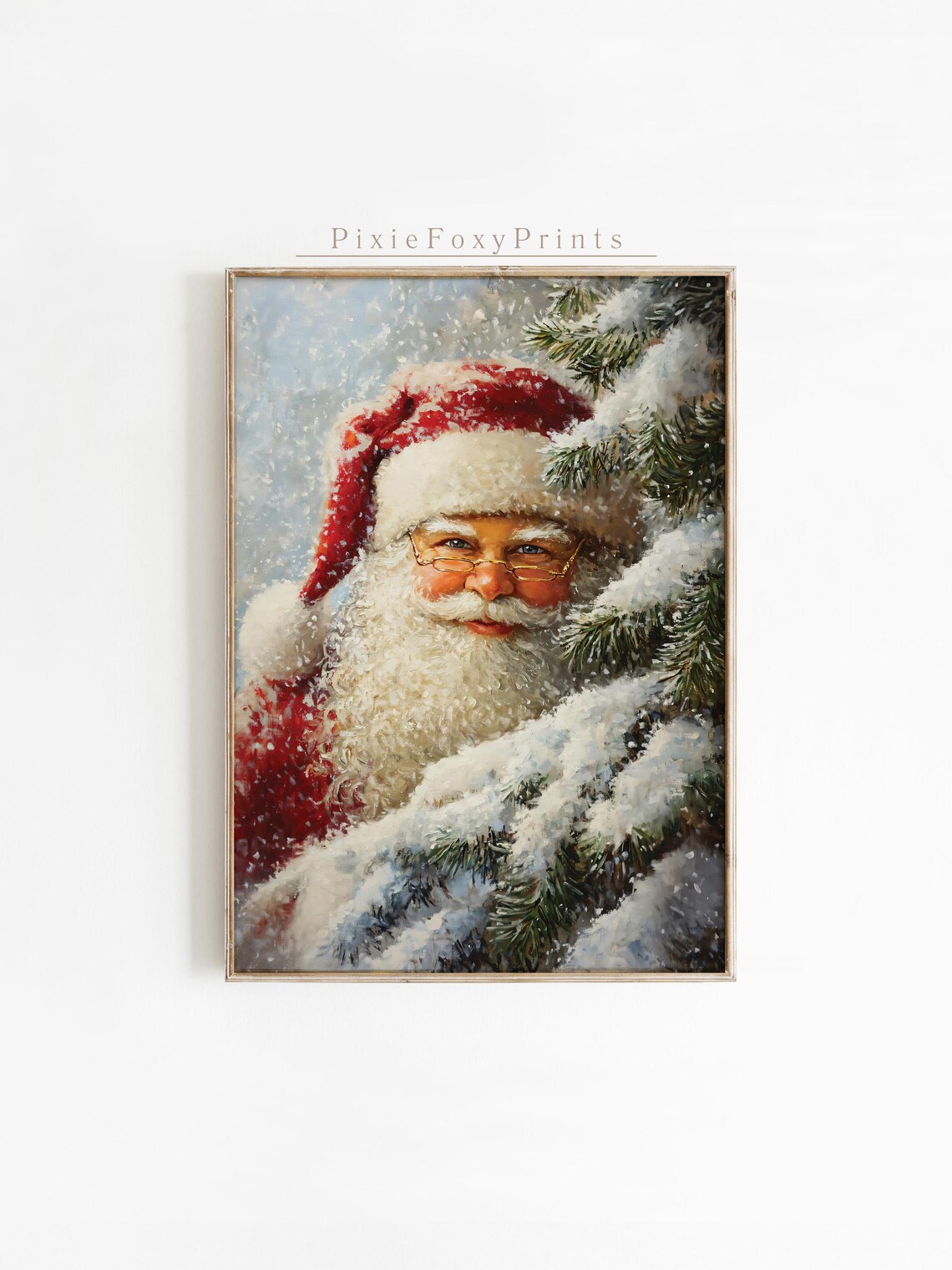 Vintage Santa Claus Snowy Pine Branches Cozy Christmas Painting Poster