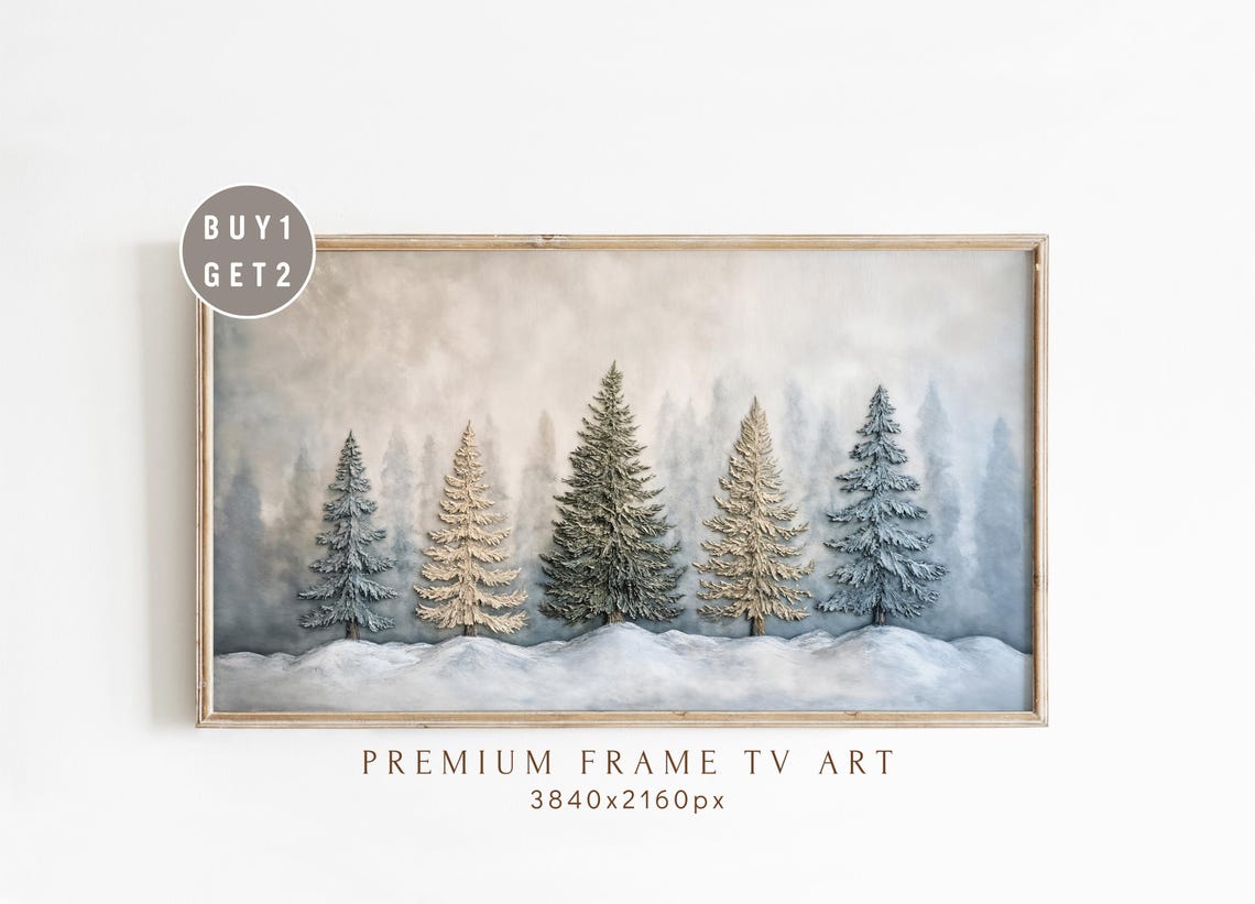 Misty Winter Pine Forest Poster With Blue Green and Gold Trees