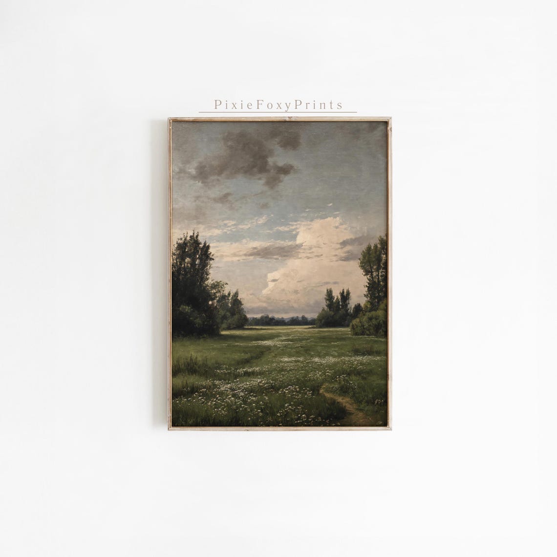 Vintage Meadow Landscape Painting Poster With Cloudy Sky and Trees