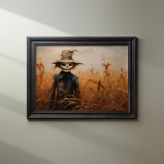 Creepy Scarecrow In Cornfield Art Print Spooky Halloween Decor Eerie And Atmospheric Wall For Fall Season
