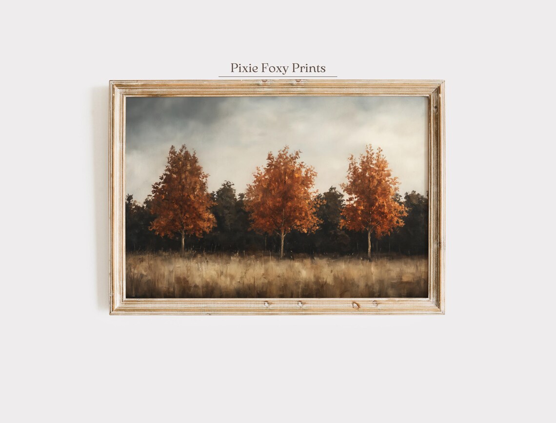 Three Autumn Trees in a Golden Field Moody Vintage Fall Landscape Wall Art