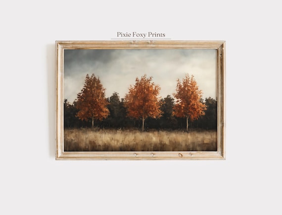 Three Autumn Trees in a Golden Field Moody Vintage Fall Landscape Wall Art