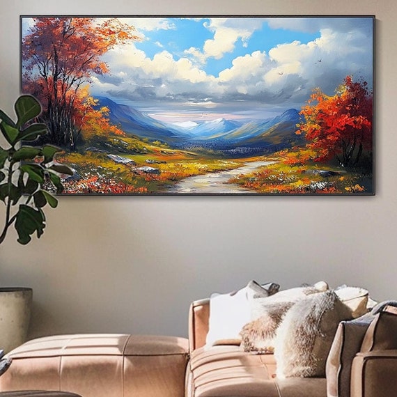 Sunny Day Scenery Painting On Textured Wall Art Vibrant Clouds Landscape Painting Boho Modern Wall Art Bedroom Decor Landscape Art