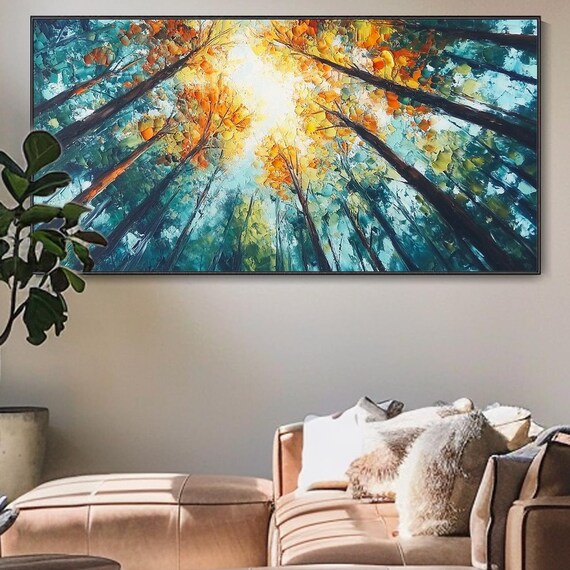 3d Abstract Textured Wall Art Original Green Forest Painting On Skyward View Trees Art Living Room Art Natural Scenery Painting