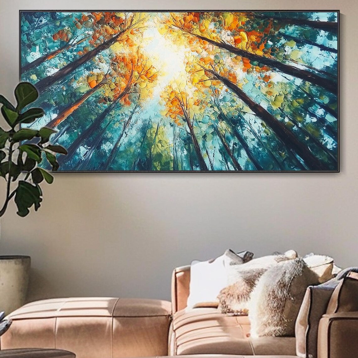 Looking Up Tall Trees Canopy Teal Gold Autumn Leaves Sunlight Poster