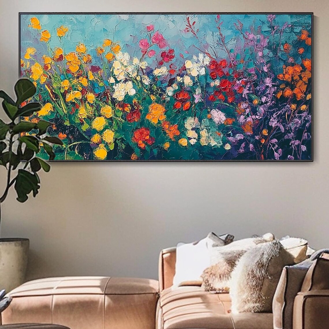 Wildflower Meadow Field Colorful Blooms Teal Sky Summer Travel Poster
