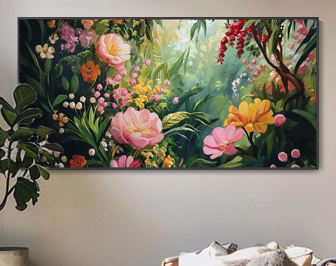3dtexture Painting Original Garden Painting On Green Wall Art Colorful Flower Painting Living Room Wall Art Teal Luxurious Floral Art