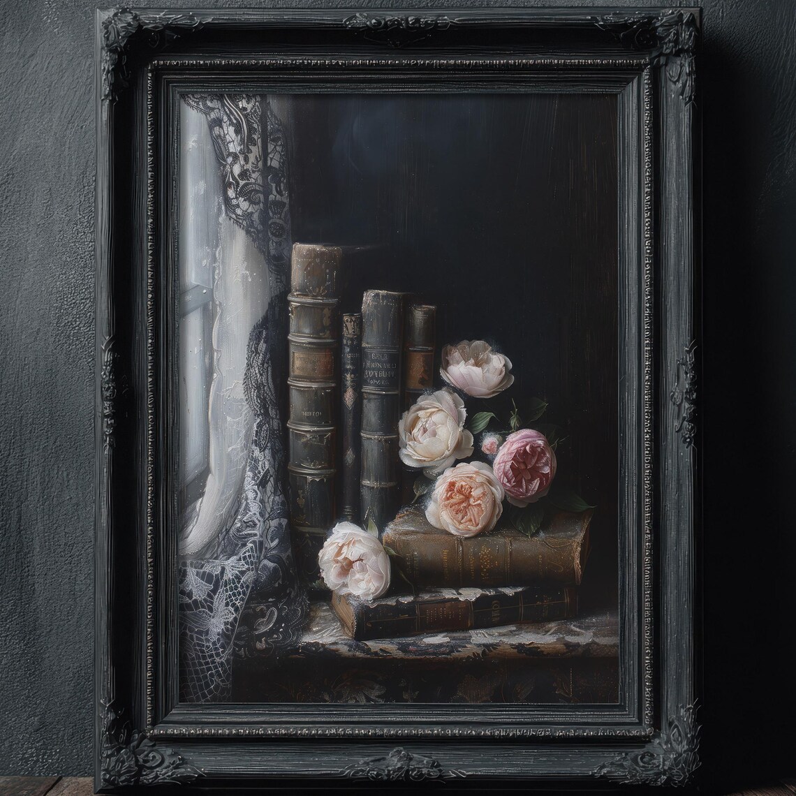 Dark Moody Book Lover Art Print, Vintage Floral