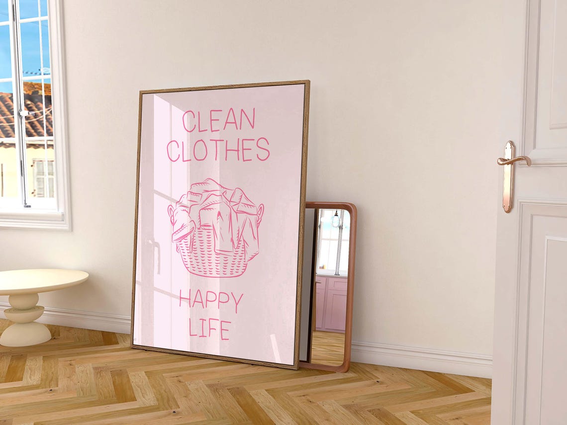 Clean Clothes Happy Life Laundry Poster Pink Laundry Basket Line Art - Image 2