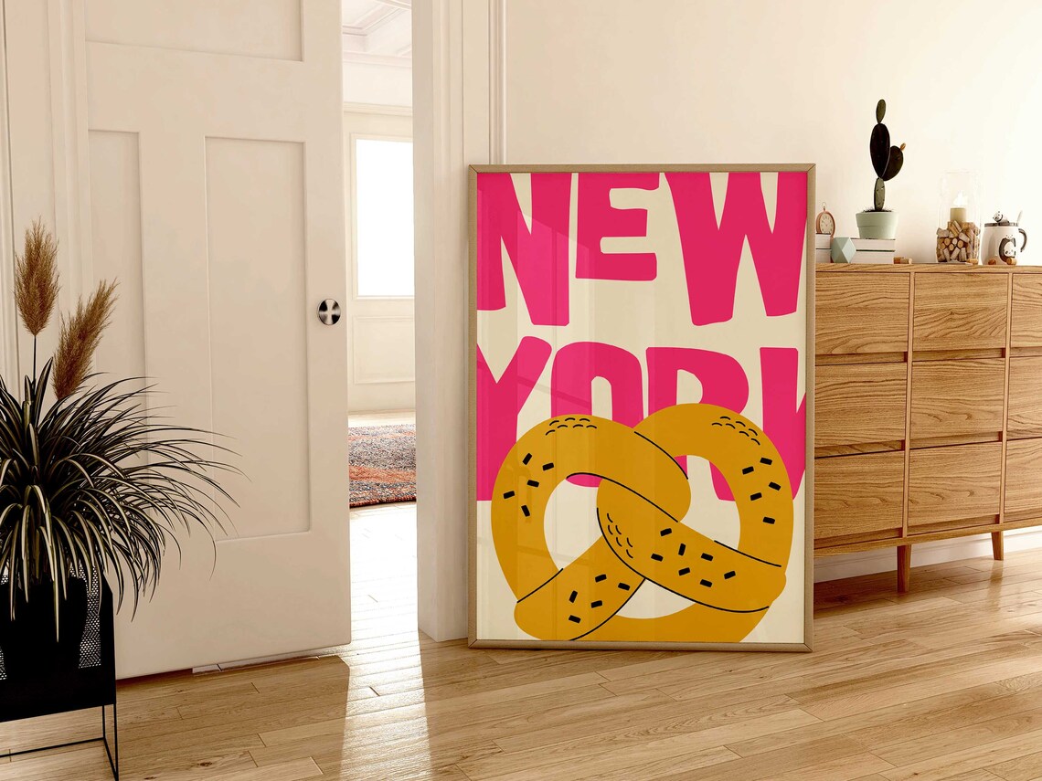 New York Pretzel Bold Pink Typography Foodie City Wall Poster