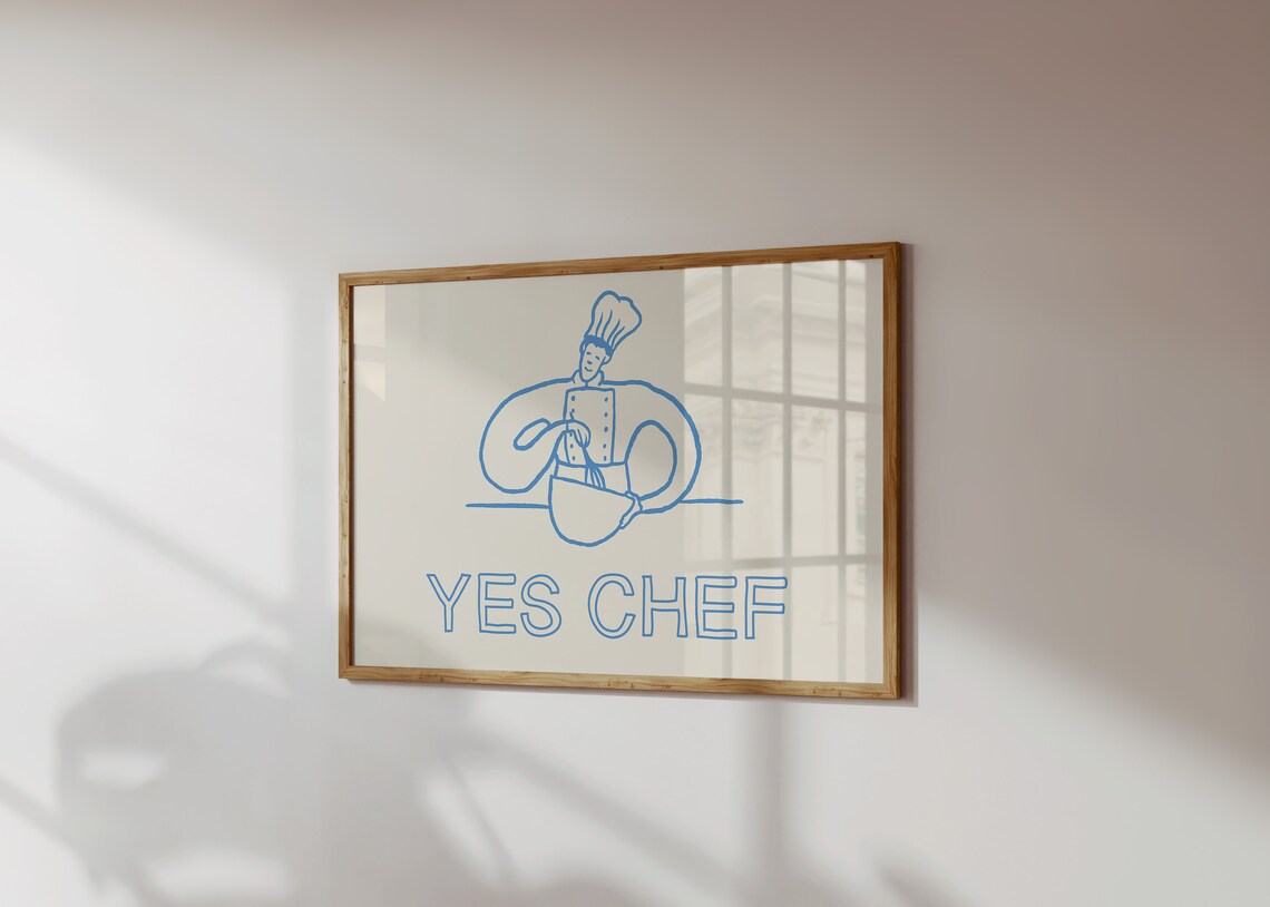 Yes Chef Blue Chef Cooking Line Art French Kitchen Quote Poster - Image 4