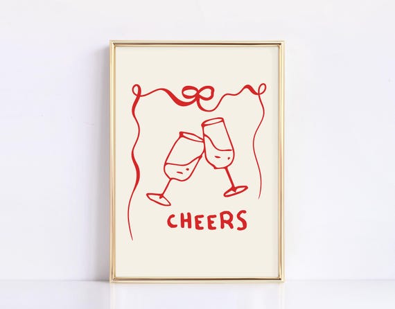 Red Cheers Bar Art Print Coquette Bow Wall Decor Trendy Bar Cart Art Cute Kitchen Poster Retro Girly Wall Art Home Decor