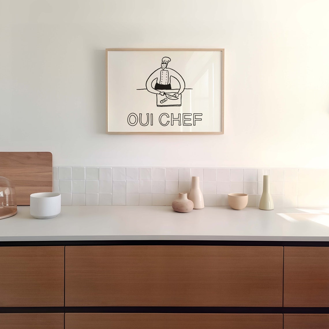 Oui Chef French Kitchen Chef Chopping Line Drawing Horizontal Poster - Image 3