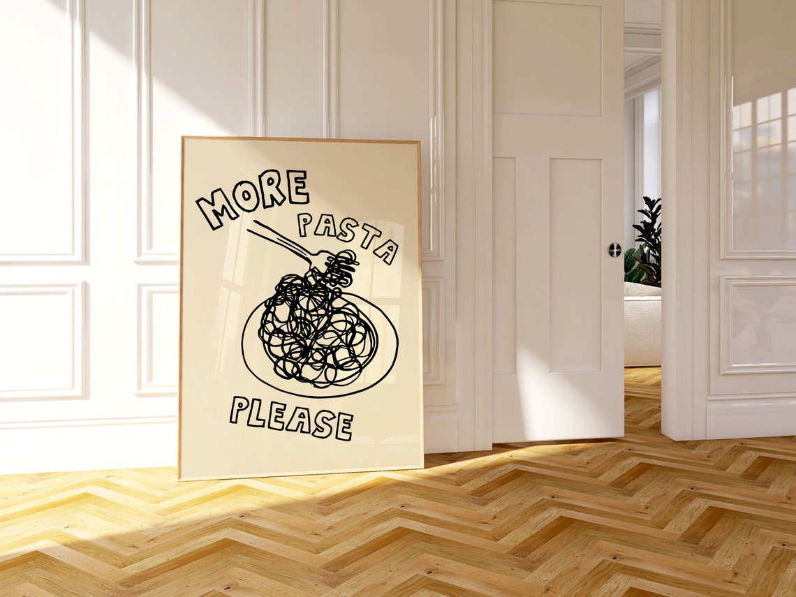 More Pasta Please Spaghetti Fork Bowl Line Art Kitchen Poster - Image 4