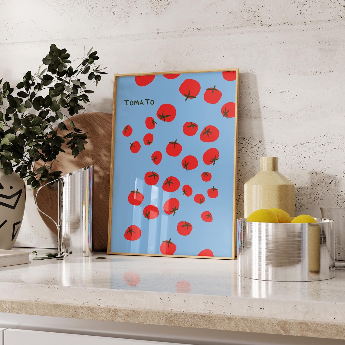 Tomato Red Fruit Pattern Bright Blue Background Kitchen Art Poster - Image 3