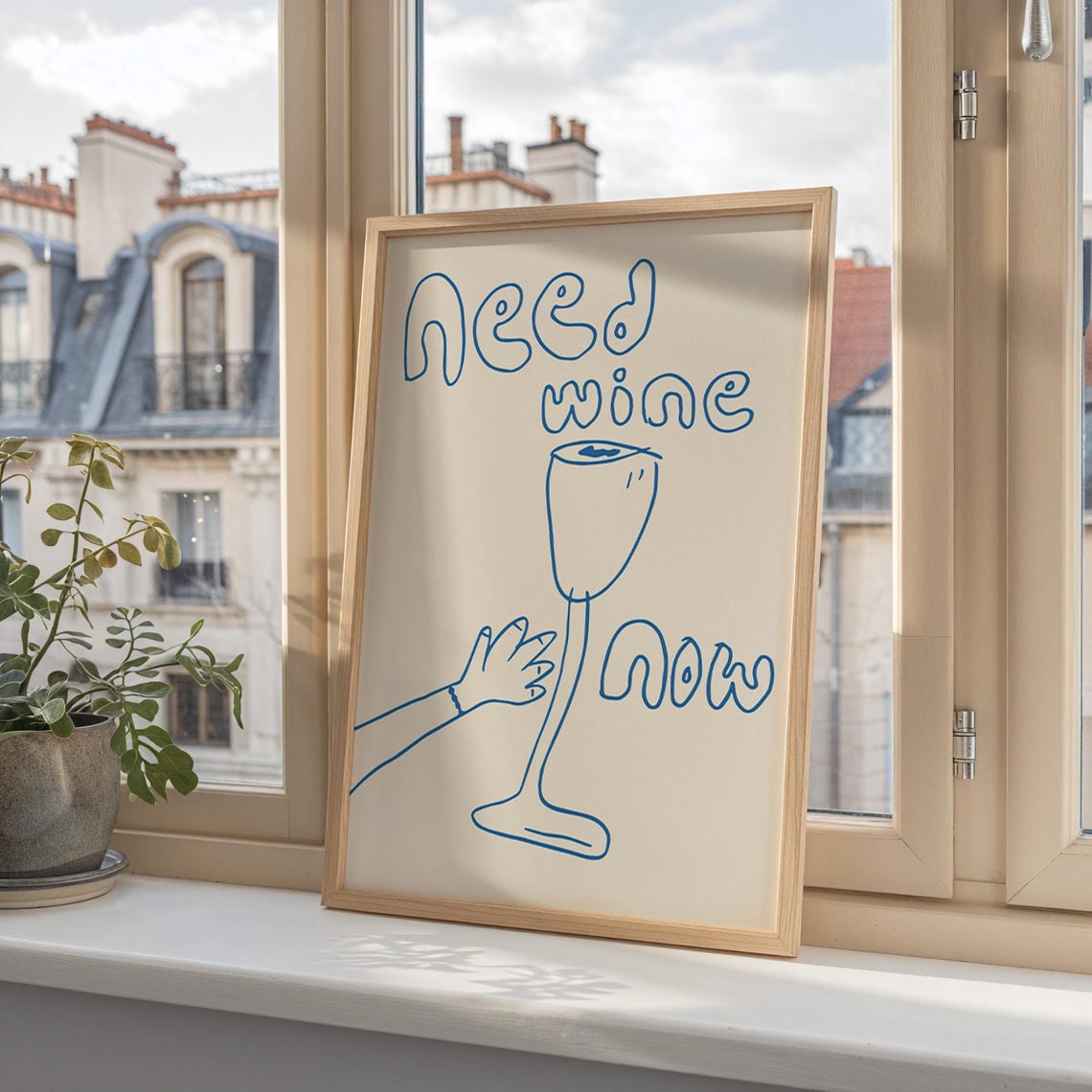 Need Wine Now Blue Line Art Wine Glass Fun Kitchen Bar Cart Poster - Image 2