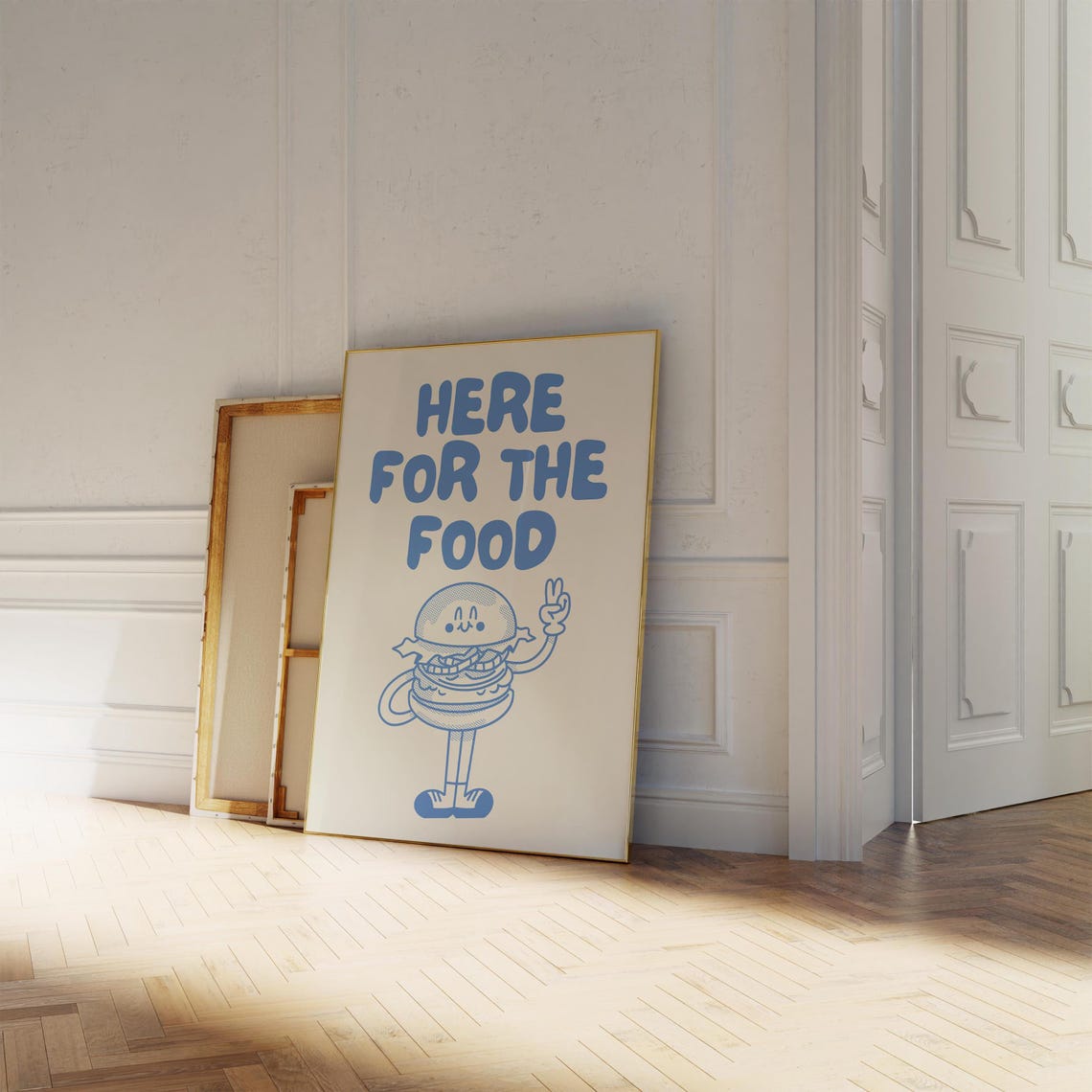Adorable Here For The Food Burger Character Retro Blue Print - Image 3