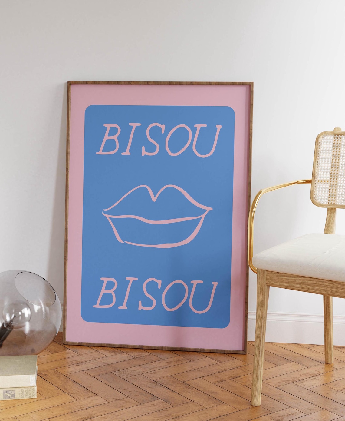 Bisou Pink And Blue French Kiss Lip Illustration Retro Poster
