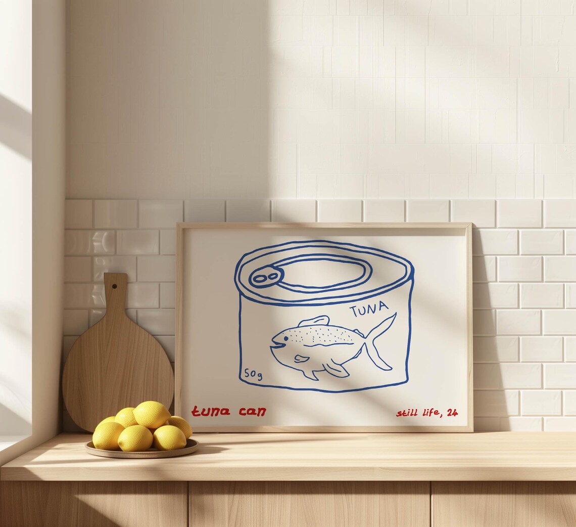 Tuna Can Still Life 24 Blue Line Art Quirky Kitchen Food Poster - Image 3
