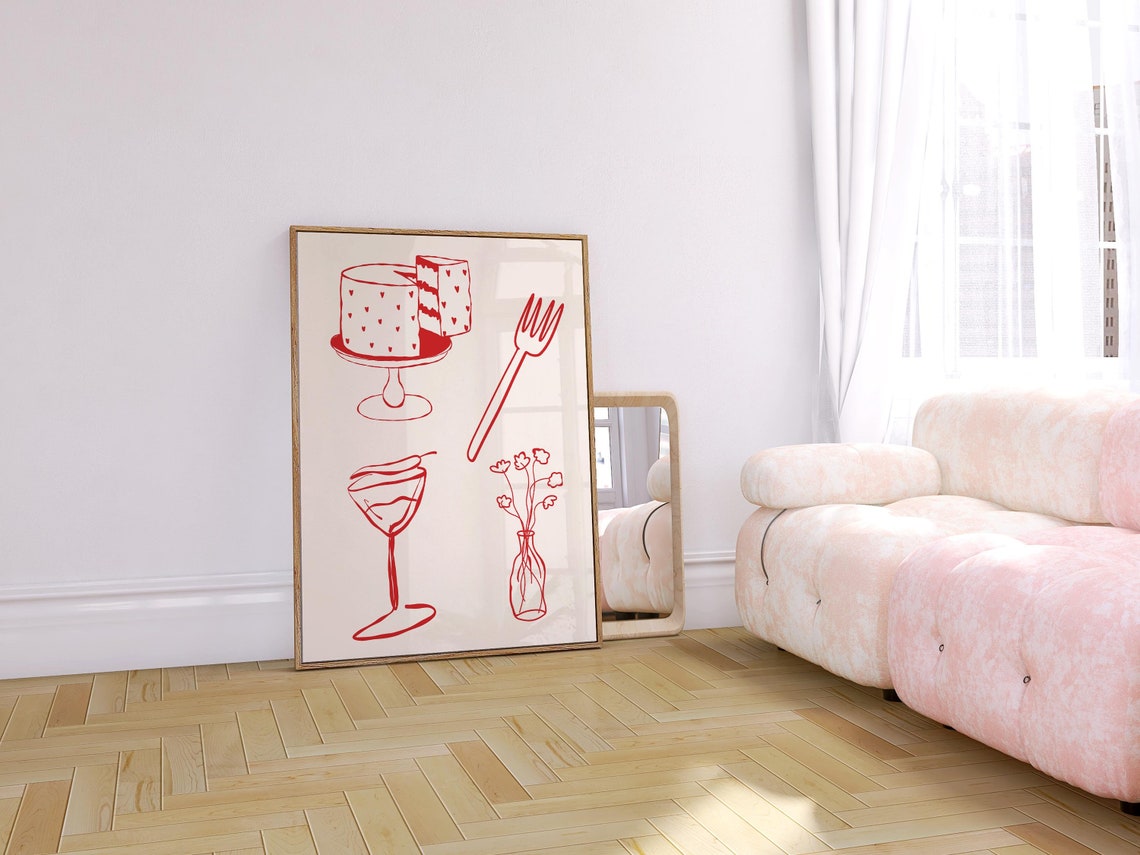 Red Line Art Cake Fork Cocktail Glass Floral Chic Kitchen Wall Poster - Image 2