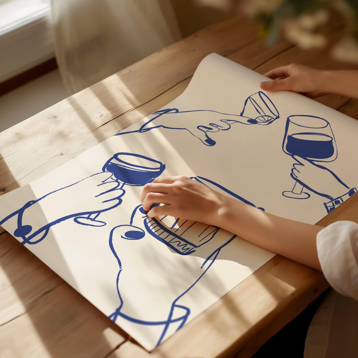 Wine Glasses Toast Blue Line Drawing Bar Cart Kitchen Decor Poster - Image 5