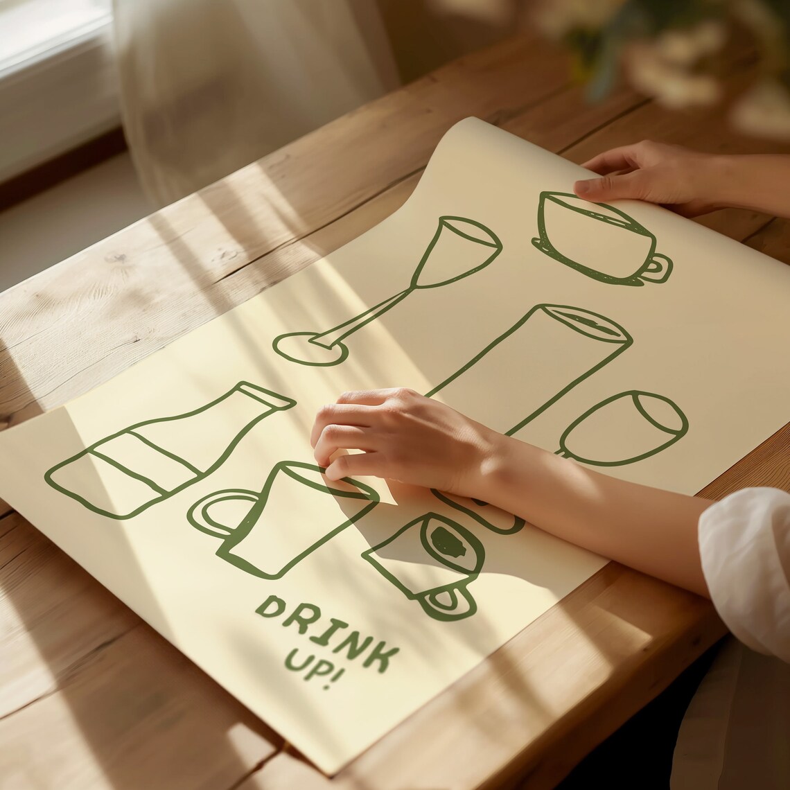 Cream Green Line Art Drink Glasses Drink Up Minimal Bar Poster - Image 4