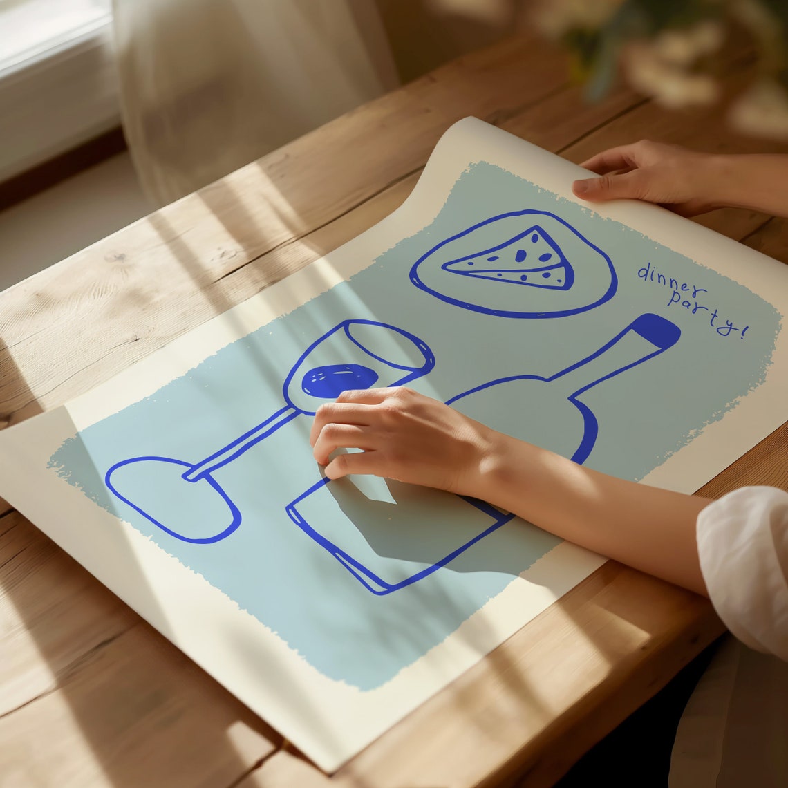 Dinner Party Vino Wine And Cheese Blue Line Art Kitchen Wall Poster - Image 2
