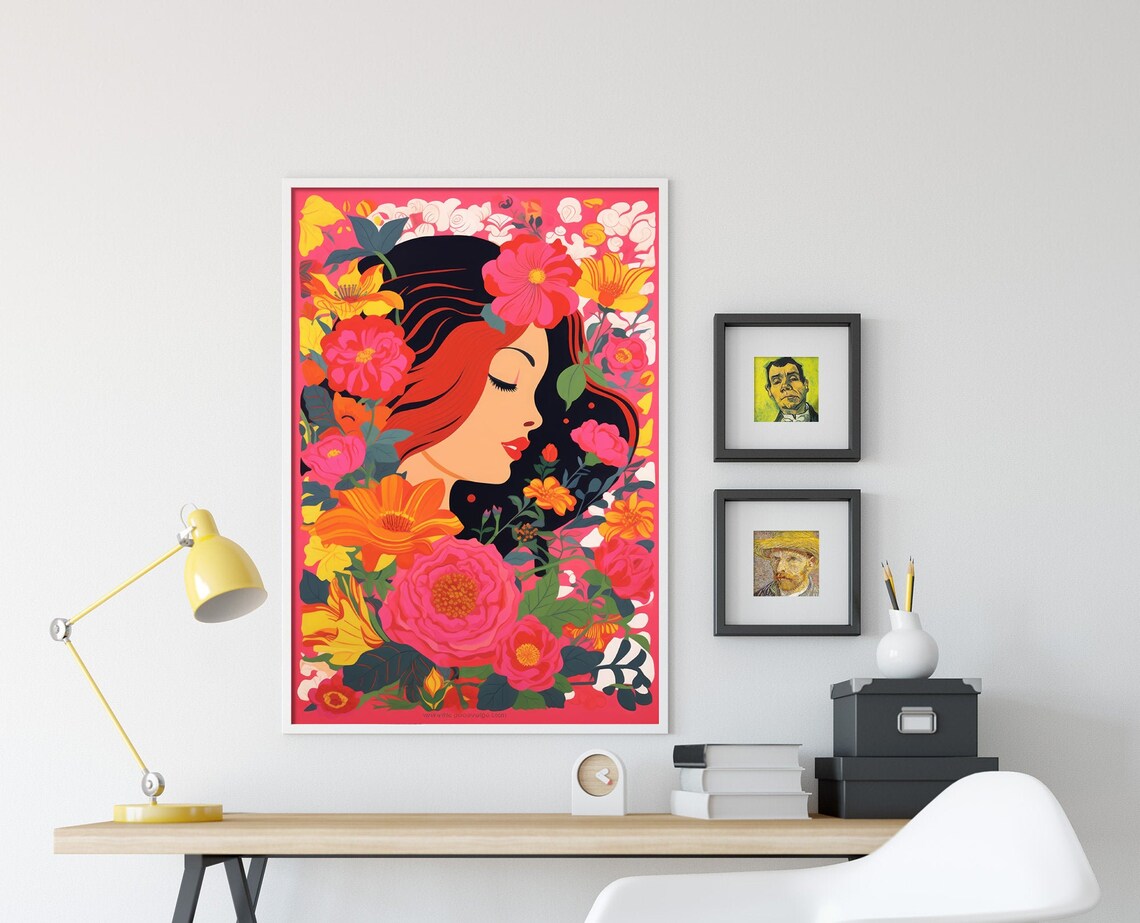 Woman Profile Pink Flowers Pop Art Vibrant Floral Beauty Poster - Image 4