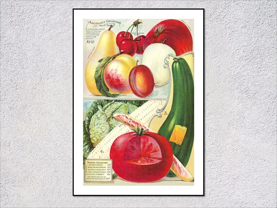 Antique Fruit And Vegetable Poster Heirloom Harvest Wall Art Vintage Veggie Print Kitchen Decor