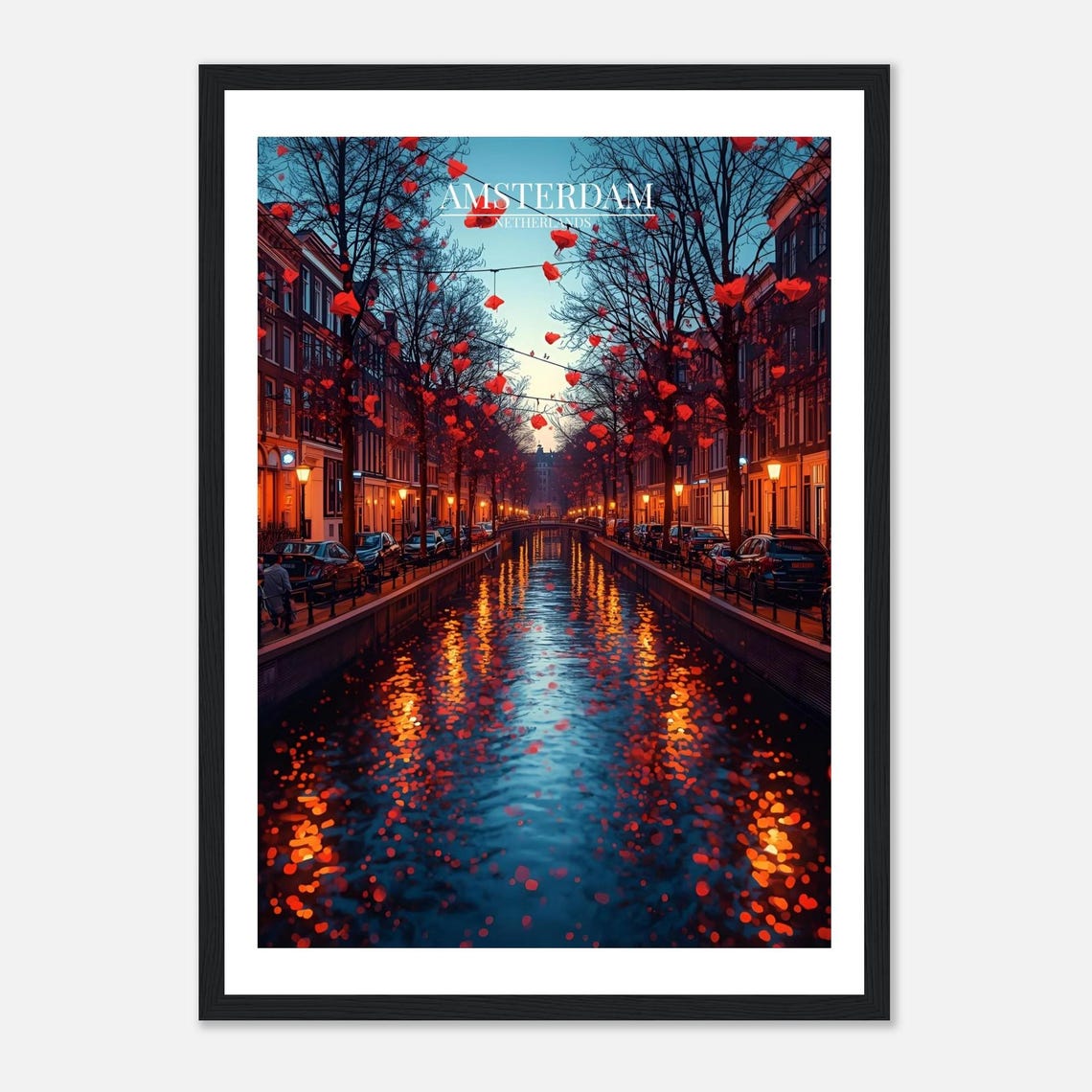Amsterdam Netherlands Canal At Night Red Lanterns Travel Poster